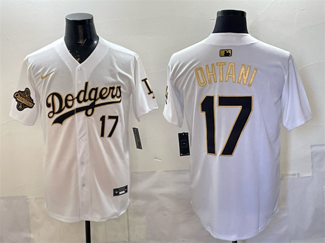 Men's Los Angeles Dodgers #17 Shohei Ohtani White Gold 2025 World Series Champions Patch Limited Stitched Baseball Jersey