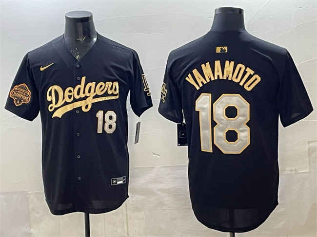 Men's Los Angeles Dodgers #18 Yoshinobu Yamamoto Black Gold 2025 Back to Back Champions Patch Limited Stitched Baseball Jersey