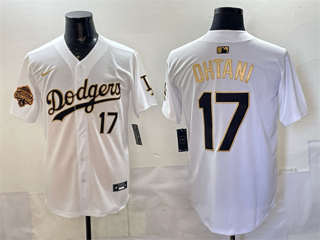 Men's Los Angeles Dodgers #17 Shohei Ohtani White Gold 2025 Back to Back Champions Patch Limited Stitched Baseball Jersey
