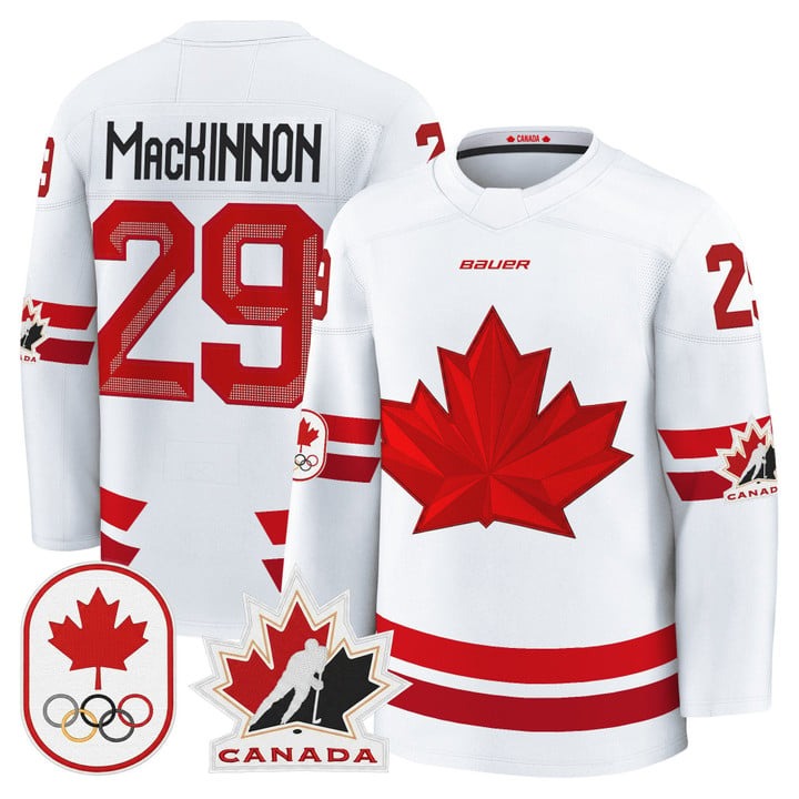 Men's BAUER x 2026 Olympic Canada #29 Nathan MacKinnon White Premium Stitched Hockey Jersey