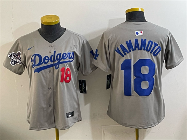 Women's Los Angeles Dodgers #18 Yoshinobu Yamamoto Grey 2025 World Series Champions Patch Limited Stitched Baseball Jersey(Run Small)