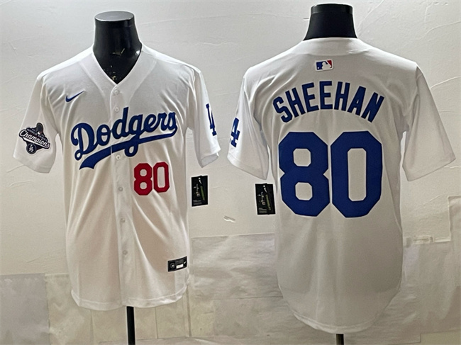 Men's Los Angeles Dodgers #80 Emmet Sheehan White 2025 World Series Champions Patch Limited Stitched Baseball Jersey