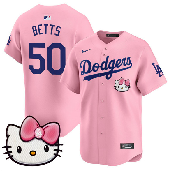 Men's Los Angeles Dodgers #50 Mookie Betts Pink 2025 Hello Kitty Vapor Limited Stitched Baseball Jersey