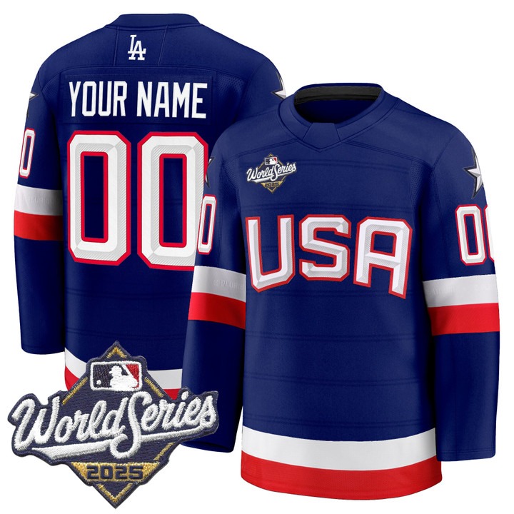 Men's Los Angeles Dodgers Custom 'USA Hockey Style' 2025 World Series Premium Stitched Jersey - Royal