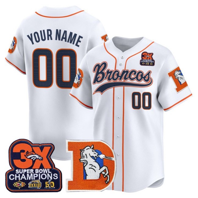 Nike Denver Broncos Custom 2025 Baseball Throwback 3X-SBC Patch Limited Stitched Jersey White