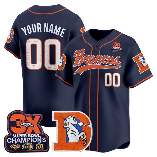 Nike Denver Broncos Custom 2025 Baseball Throwback 3X-SBC Patch Limited Stitched Jersey Navy