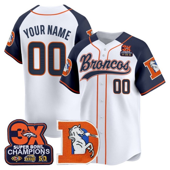 Nike Denver Broncos Custom 2025 Baseball Throwback 3X-SBC Patch Limited Stitched Jersey Navy Alternate
