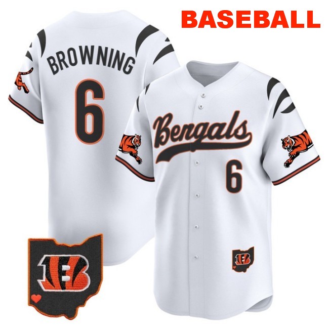Men's Cincinnati Bengals #6 Jake Browning Baseball 2025 Nike Vapor Limited V2 Stitched Jersey White