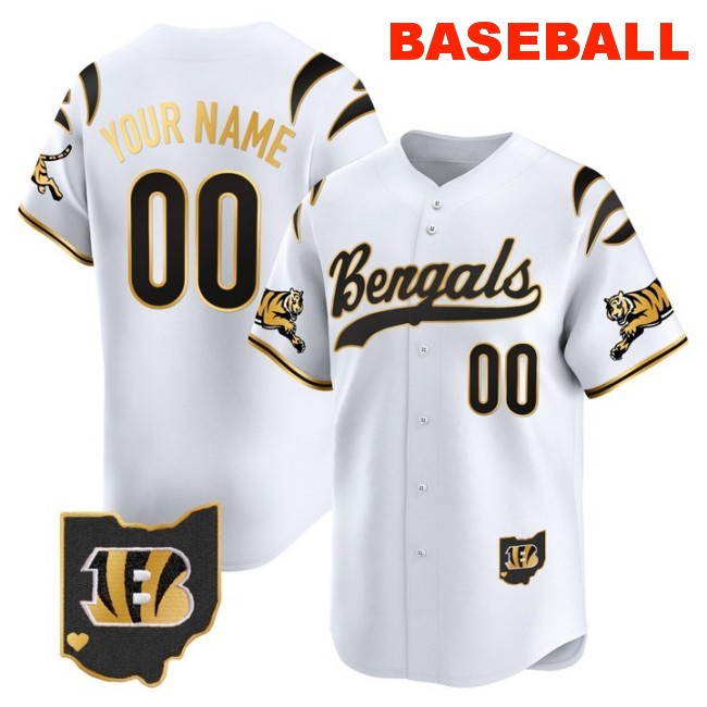 Nike Cincinnati Bengals Custom Baseball 2025 Vapor Limited V2 Stitched Jersey White Gold