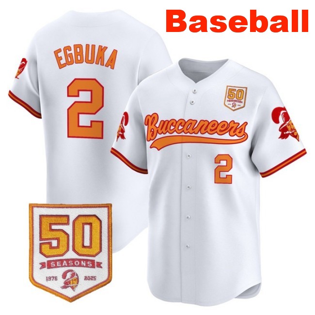 Men's Tampa Bay Buccaneers #2 Emeka Egbuka Baseball Throwback Nike Limited Stitched Jersey With 50th Season Patch White