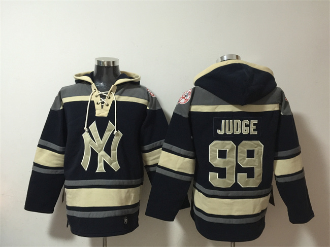 Men's New York Yankees #99 Aaron Judge Navy  Ageless Must-Have Lace-Up Pullover Hoodie