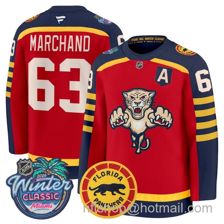 Men's Florida Panthers #63 Brad Marchand 2026 Winter Classic Premium Stitched Jersey Red
