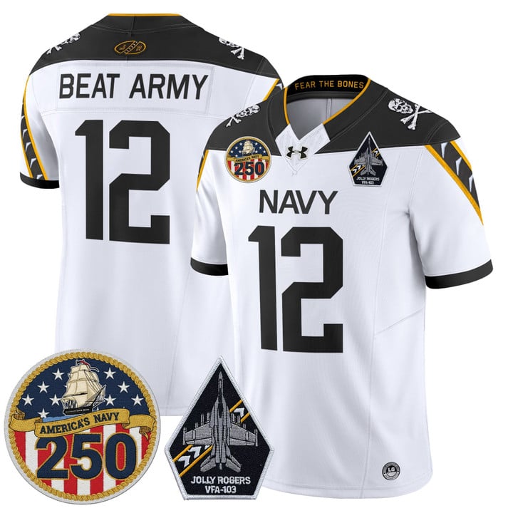 Men's Navy Midshipmen #12 Beat Army 'Jolly Rogers Edition' Vapor Limited Stitched football Jersey - 250th Anniversary Patch - White