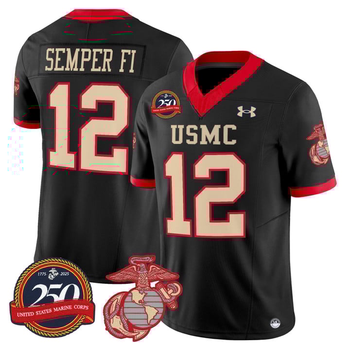 Men's Navy Midshipmen #12 Semper Fi United States Marine Corps Vapor Limited Stitched football Jersey - 250th Anniversary Patch - Black