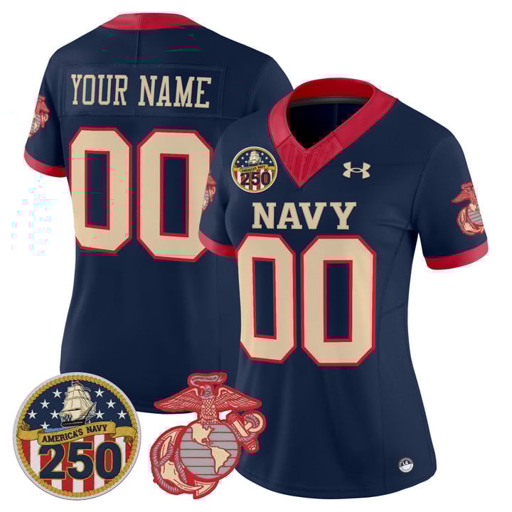 Women's Navy Midshipmen Vapor USMC Premier Custom Stitched football Jersey - 250th Anniversary Patch - Navy