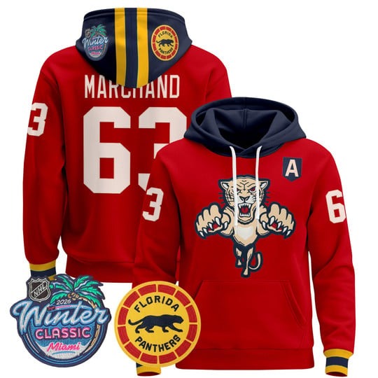 Men's Florida Panthers #63 Brad Marchand Red 2026 Winter Classic Premium Stitched Pullover Hoodie