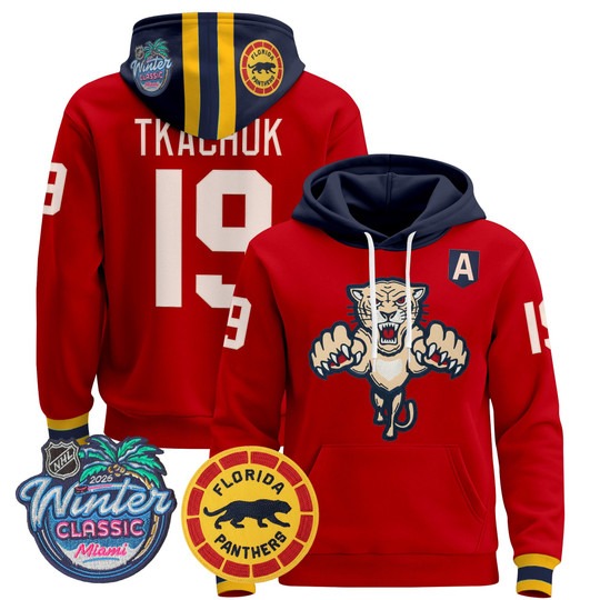 Men's Florida Panthers #19 Matthew Tkachuk Red 2026 Winter Classic Premium Stitched Pullover Hoodie