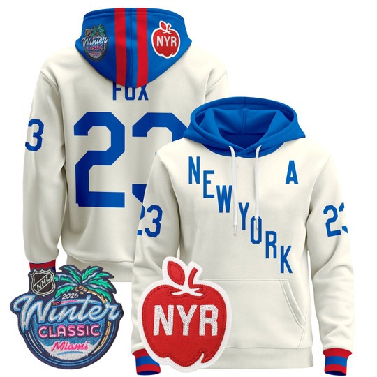 Men's New York Rangers #23 Adam Fox Beige 2026 Winter Classic Premium Stitched Pullover Hoodie