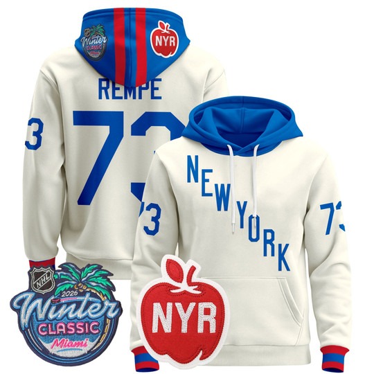 Men's New York Rangers #73 Matt Rempe Beige 2026 Winter Classic Premium Stitched Pullover Hoodie