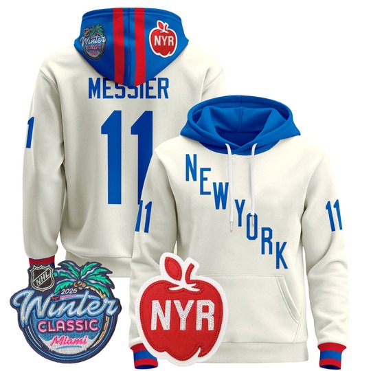 Men's New York Rangers #11 Mark Messier Beige 2026 Winter Classic Premium Stitched Pullover Hoodie