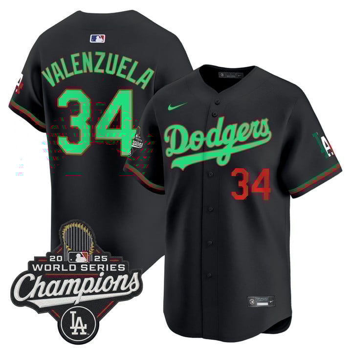 Men's Dodgers Mexico #34 Fernando Valenzuela 2025 World Series Champions Nike Limited V2 Stitched Jersey Black