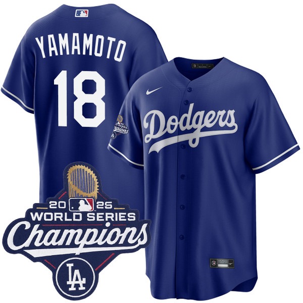 Men's Los Angeles Dodgers #18 Yoshinobu Yamamoto Royal 2025 Alternate World Series Champions Jersey