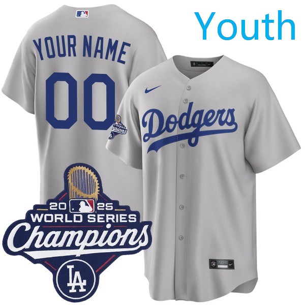 Youth Los Angeles Dodgers Custom Nike Alternate 2025 Road World Series Champions Jersey Gray