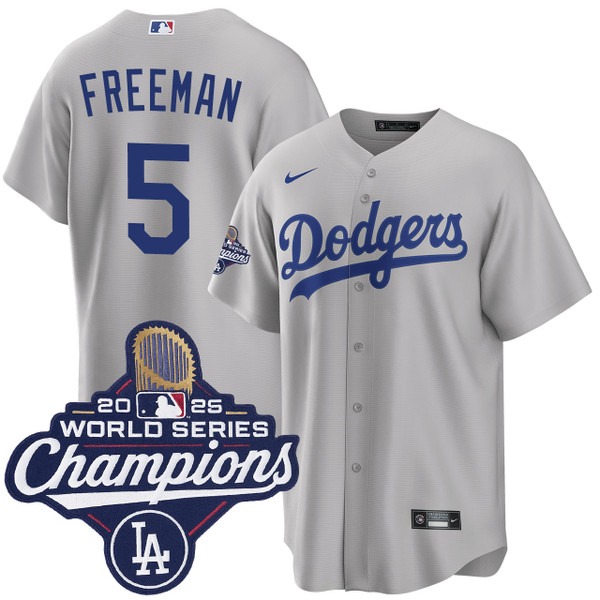 Men's Los Angeles Dodgers #5 Freddie Freeman Alternate 2025 Road World Series Champions Jersey Grey