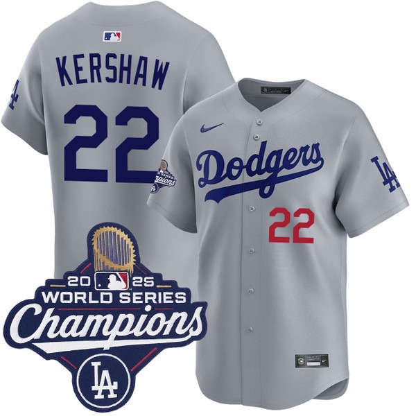 Men's Los Angeles Dodgers #22 Clayton Kershaw Alternate Road Limited 2025 World Series Champions Jersey Grey