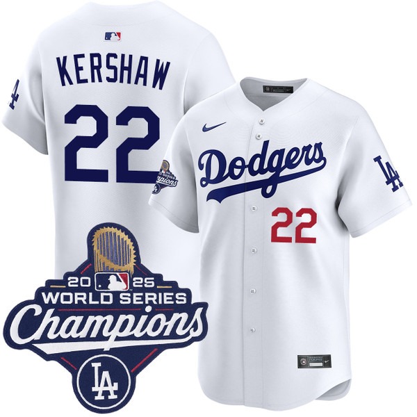 Men's Los Angeles Dodgers #22 Clayton Kershaw Home Limited 2025 World Series Champions Jersey White