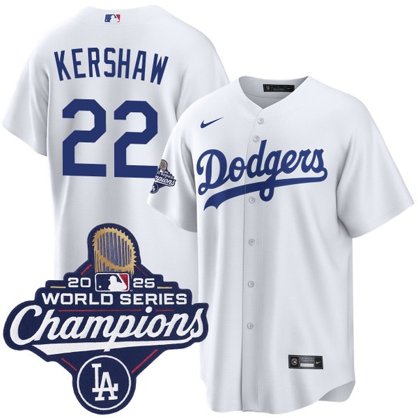 Men's Los Angeles Dodgers #22 Clayton Kershaw Home 2025 World Series Champions Jersey White