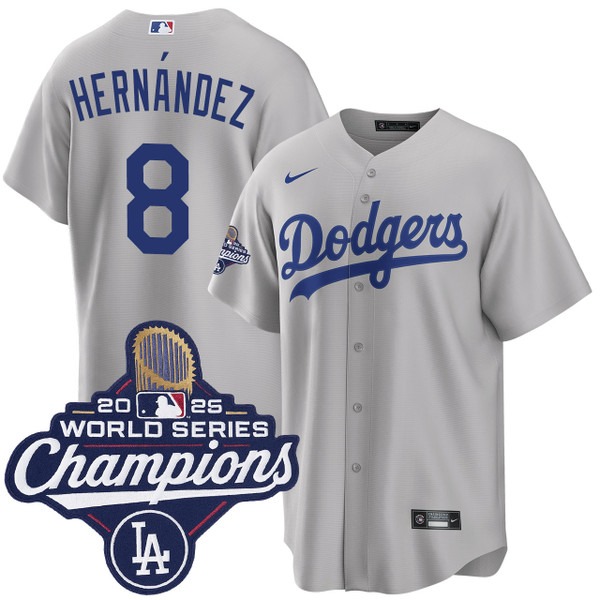 Men's Los Angeles Dodgers #8 Enrique Hernandez Alternate 2025 Road World Series Champions Jersey Grey