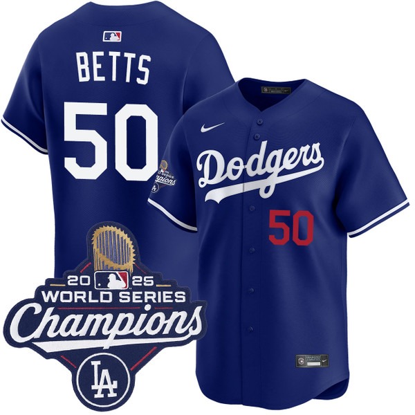 Men's Los Angeles Dodgers #50 Mookie Betts Alternate Royal Limited 2025 World Series Champions Jersey