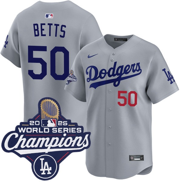 Men's Los Angeles Dodgers #50 Mookie Betts Alternate Road Limited 2025 World Series Champions Jersey Grey