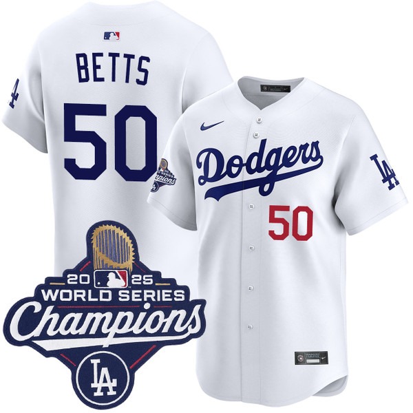Men's Los Angeles Dodgers #50 Mookie Betts Home Limited 2025 World Series Champions Jersey White