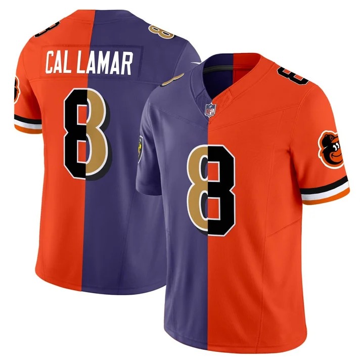 Men's Baltimore Ravens & Orioles #8 Cal Ripken Jr. & Lamar Jackson Split Nike F.U.S.E. Vapor Limited Stitched Jersey Orange Purple