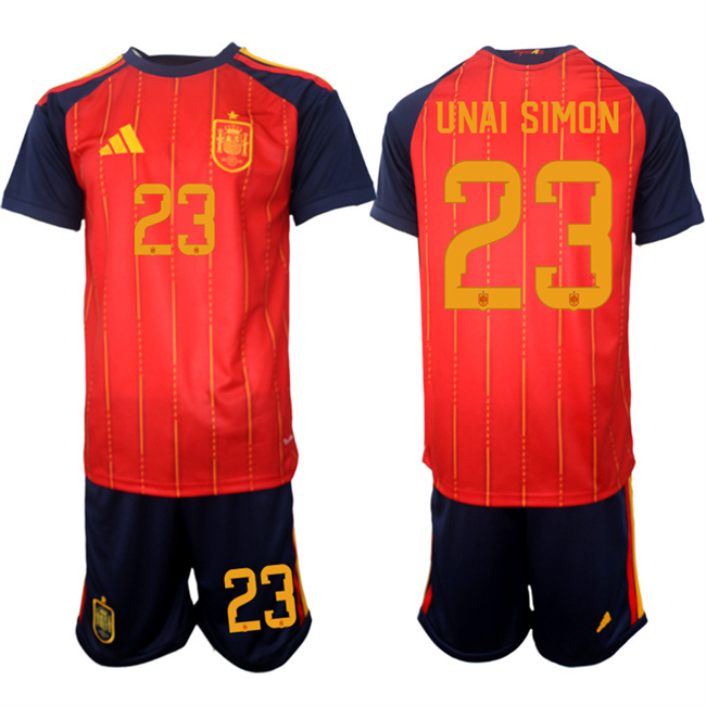Men's Spain Team #23 Unai Simon 2025-26 Red Home Soccer Jersey Suit