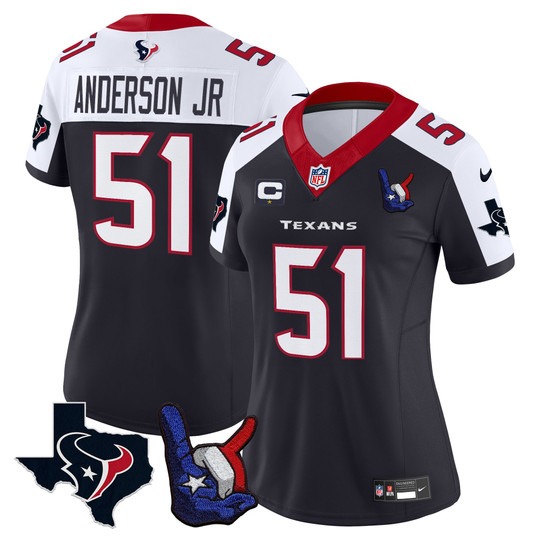 Women's Houston Texans #51 Will Anderson Jr. Hand Sign Throwing Up The H Vapor F.U.S.E. Limited Stitched Jersey Navy White