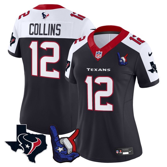 Women's Houston Texans #12 Nico Collins Hand Sign Throwing Up The H Vapor F.U.S.E. Limited Stitched Jersey Navy White