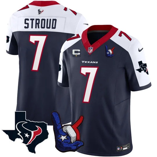 Men's Houston Texans #7 C.J. Stroud Hand Sign Throwing Up The H Vapor F.U.S.E. Limited Stitched Jersey Navy White