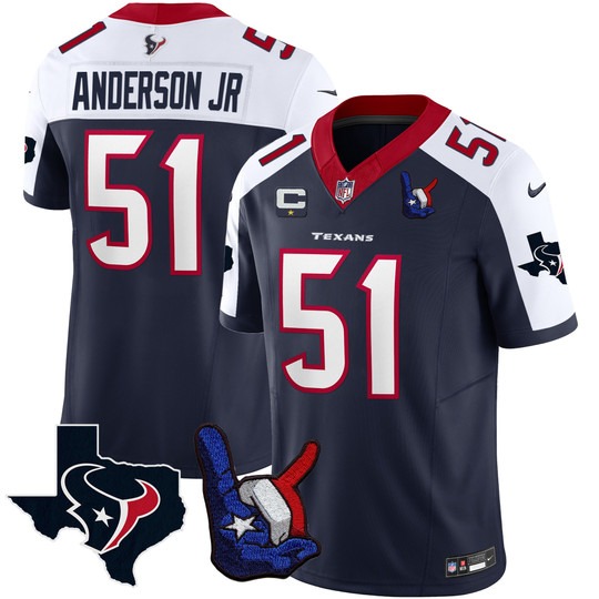 Men's Houston Texans #51 Will Anderson Jr. Hand Sign Throwing Up The H Vapor F.U.S.E. Limited Stitched Jersey Navy White