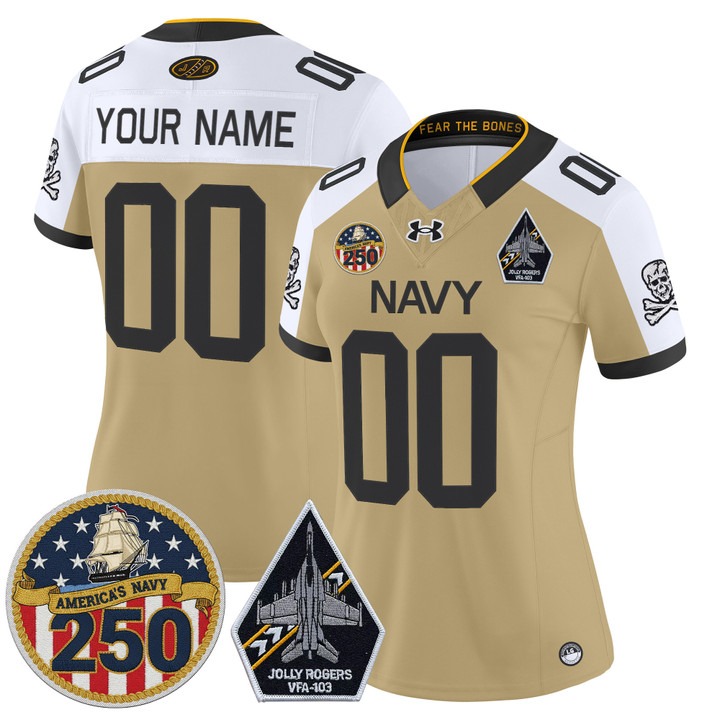Women's Navy Midshipmen Custom 'Jolly Rogers Edition' 250th Anniversary Patch Vapor Limited Stitched Jersey Gold Alternate