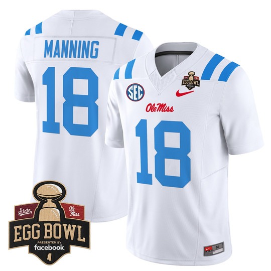 Men's Ole Miss Rebels #18 Ole Miss 2025 Egg Bowl F.U.S.E. Vapor Limited Stitched football Jersey White Limited