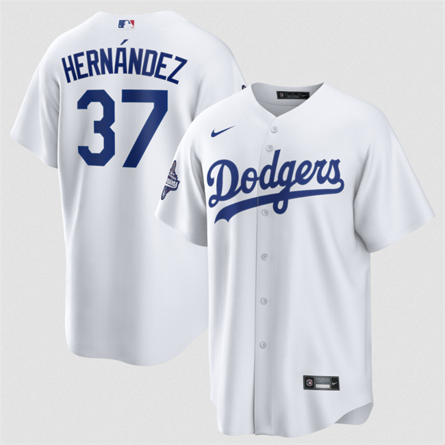 Men's Los Angeles Dodgers #37 Teoscar Hernandez White 2025 World Series Champions Patch Cool Base Stitched Baseball Jersey