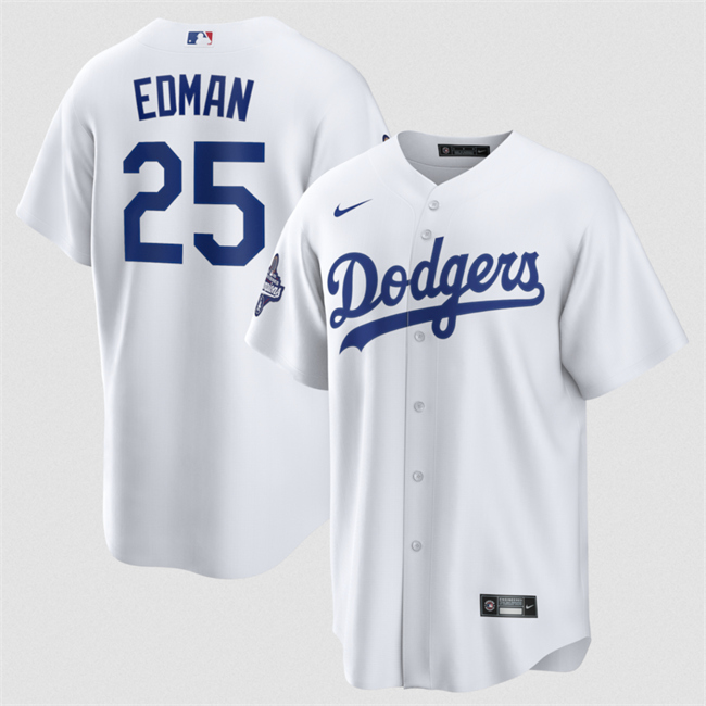 Men's Los Angeles Dodgers #25 Tommy Edman White 2025 World Series Champions Patch Cool Base Stitched Baseball Jersey