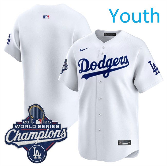 Youth Los Angeles Dodgers Blank White 2025 World Series Champions Patch Home Limited Stitched Baseball Jersey
