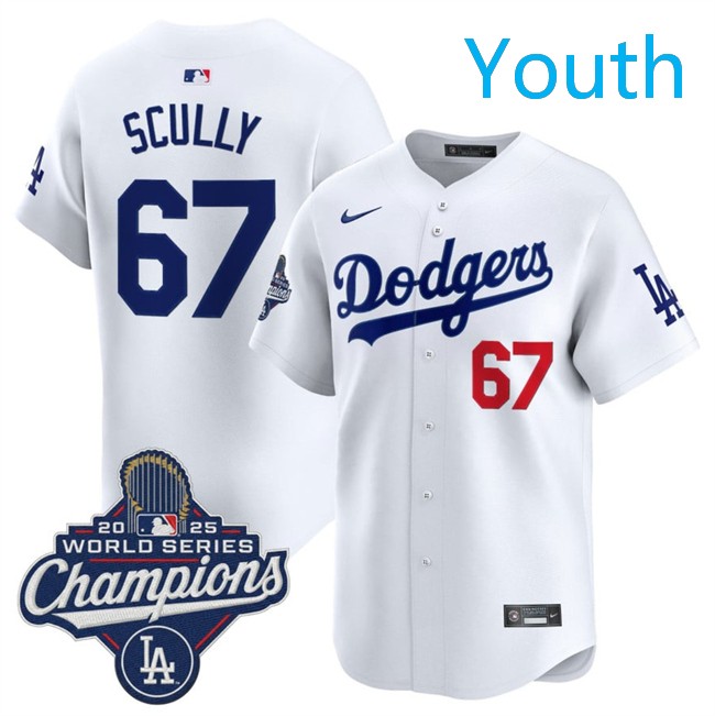 Youth Los Angeles Dodgers #67 Vin Scully White 2025 World Series Champions Patch Home Limited Stitched Baseball Jersey
