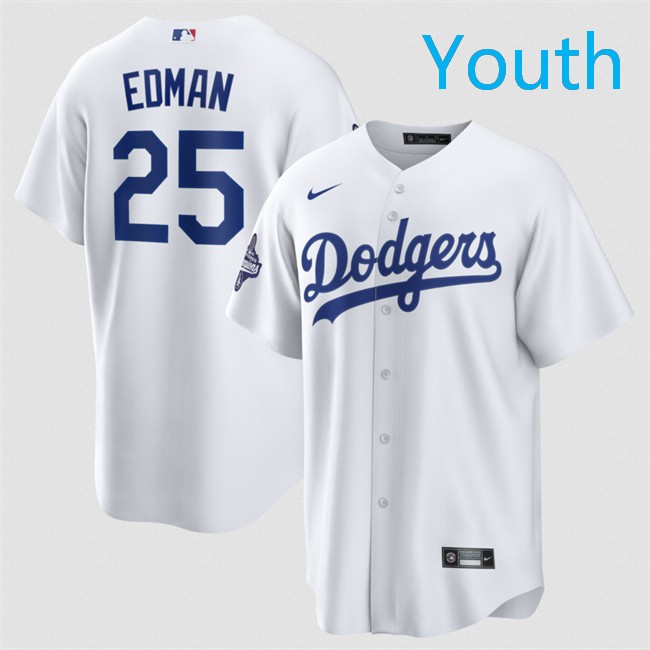 Youth Los Angeles Dodgers #25 Tommy Edman White 2025 World Series Champions Patch Cool Base Stitched Baseball Jersey