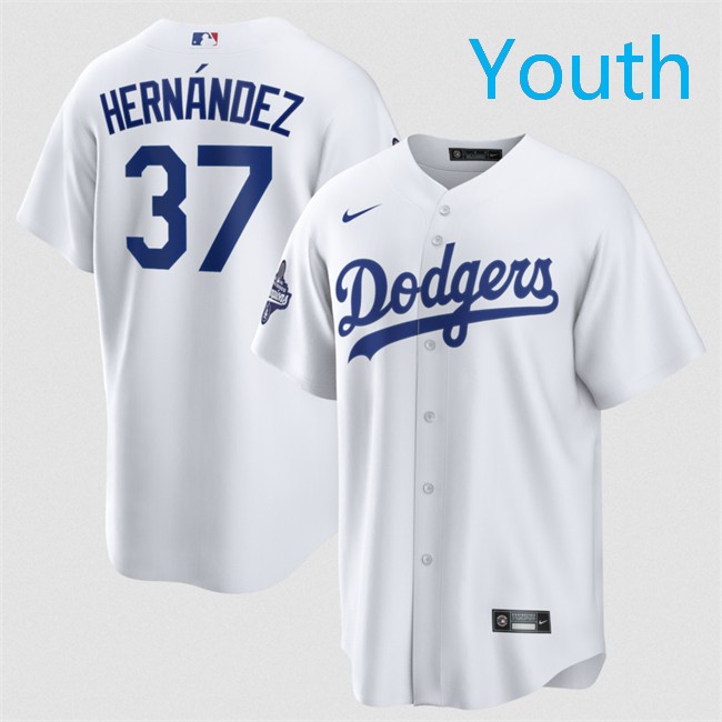 Youth Los Angeles Dodgers #37 Teoscar Hernández White 2025 World Series Champions Patch Cool Base Stitched Baseball Jersey