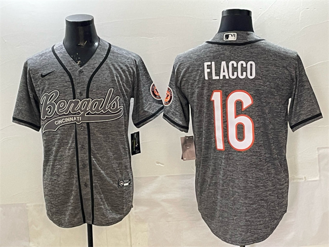 Men's Cincinnati Bengals #16 Joe Flacco Grey With Patch Cool Base Stitched Baseball Jersey